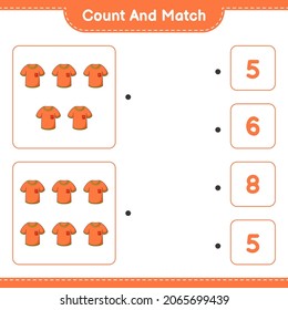 Contar y coincidir, contar el número de camisetas y coincidir con los números correctos. Juego infantil educativo, hoja de cálculo imprimible, ilustración vectorial