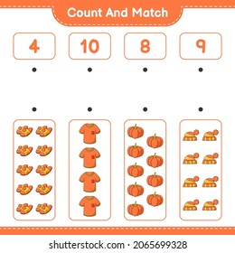 Count and match, count the number of T-shirt, Slippers, Pumpkin, Hat and match with the right numbers. Educational children game, printable worksheet, vector illustration