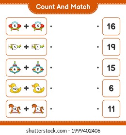Cuenta y coteja, cuenta el número de Ufo, Plane, Whirligig Toy, Rubber Duck, Rocking Horse y coincide con los números correctos. Juego infantil educativo, hoja de cálculo imprimible, ilustración vectorial
