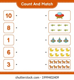Count and match, count the number of Ufo, Plane, Whirligig Toy, Rubber Duck, Rocking Horse and match with the right numbers. Educational children game, printable worksheet, vector illustration
