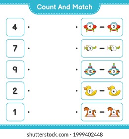 Count and match, count the number of Ufo, Plane, Whirligig Toy, Rubber Duck, Rocking Horse and match with the right numbers. Educational children game, printable worksheet, vector illustration