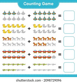 Count and match, count the number of Ufo, Plane, Whirligig Toy, Rubber Duck, Rocking Horse and match with the right numbers. Educational children game, printable worksheet, vector illustration