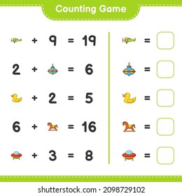 Cuenta y coteja, cuenta el número de Ufo, Plane, Whirligig Toy, Rubber Duck, Rocking Horse y coincide con los números correctos. Juego infantil educativo, hoja de cálculo imprimible, ilustración vectorial