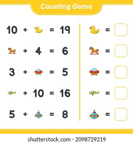 Count and match, count the number of Ufo, Plane, Whirligig Toy, Rubber Duck, Rocking Horse and match with the right numbers. Educational children game, printable worksheet, vector illustration