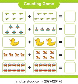 Count and match, count the number of Ufo, Plane, Whirligig Toy, Rubber Duck, Rocking Horse and match with the right numbers. Educational children game, printable worksheet, vector illustration