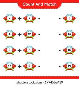 Count and match, count the number of Ufo and match with the right numbers. Educational children game, printable worksheet, vector illustration