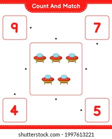 Count and match, count the number of Ufo and match with the right numbers. Educational children game, printable worksheet, vector illustration