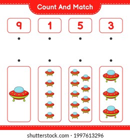 Count and match, count the number of Ufo and match with the right numbers. Educational children game, printable worksheet, vector illustration