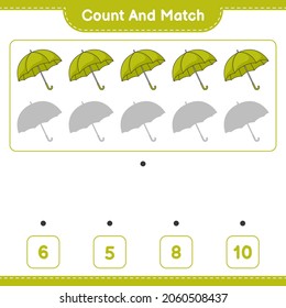 Contar y coincidir, contar el número de paraguas y coincidir con los números correctos. Juego infantil educativo, hoja de cálculo imprimible, ilustración vectorial
