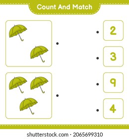 Contar y coincidir, contar el número de paraguas y coincidir con los números correctos. Juego infantil educativo, hoja de cálculo imprimible, ilustración vectorial