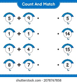 Count and match, count the number of Umbrella and match with the right numbers. Educational children game, printable worksheet, vector illustration
