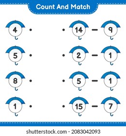 Count and match, count the number of Umbrella and match with the right numbers. Educational children game, printable worksheet, vector illustration