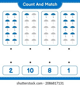 Count and match, count the number of Umbrella and match with the right numbers. Educational children game, printable worksheet, vector illustration