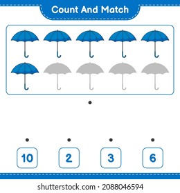 Contar y coincidir, contar el número de paraguas y coincidir con los números correctos. Juego infantil educativo, hoja de cálculo imprimible, ilustración vectorial