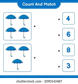 Count and match, count the number of Umbrella and match with the right numbers. Educational children game, printable worksheet, vector illustration