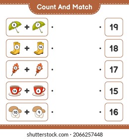 Count and match, count the number of Umbrella, Rubber Boots, Oak Leaf, Coffee Cup, Mushroom Boletus and match with the right numbers