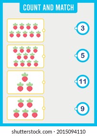 Count and match, count the number of vegetables, fruits, objects and match the correct numbers. Preschool educational child game, printable math worksheet