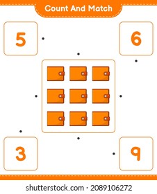 Contar y coincidir, contar el número de cartera y coincidir con los números correctos. Juego infantil educativo, hoja de cálculo imprimible, ilustración vectorial