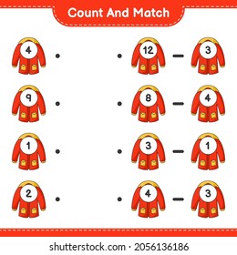 Contar y coincidir, contar el número de Ropa Caliente y coincidir con los números correctos. Juego infantil educativo, hoja de cálculo imprimible, ilustración vectorial