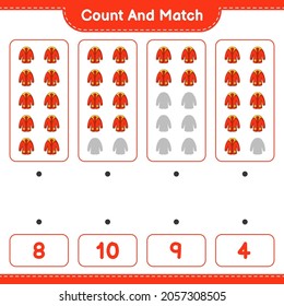 Contar y coincidir, contar el número de Ropa Caliente y coincidir con los números correctos. Juego infantil educativo, hoja de cálculo imprimible, ilustración vectorial