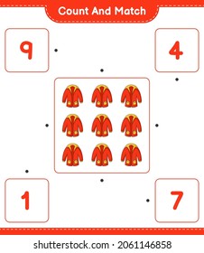 Contar y coincidir, contar el número de Ropa Caliente y coincidir con los números correctos. Juego infantil educativo, hoja de cálculo imprimible, ilustración vectorial
