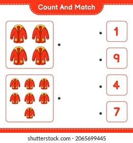 Contar y coincidir, contar el número de Ropa Caliente y coincidir con los números correctos. Juego infantil educativo, hoja de cálculo imprimible, ilustración vectorial