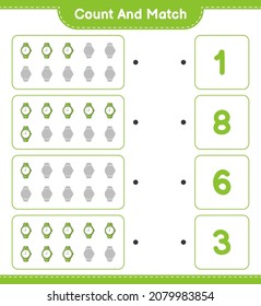 Count and match, count the number of Watches and match with the right numbers. Educational children game, printable worksheet, vector illustration