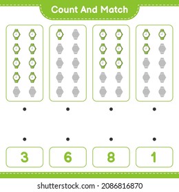 Count and match, count the number of Watches and match with the right numbers. Educational children game, printable worksheet, vector illustration