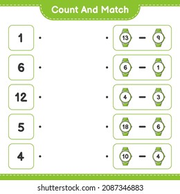 Count and match, count the number of Watches and match with the right numbers. Educational children game, printable worksheet, vector illustration