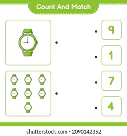 Contar y coincidir, contar el número de relojes y coincidir con los números correctos. Juego infantil educativo, hoja de cálculo imprimible, ilustración vectorial