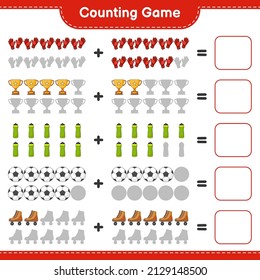 Count and match, count the number of Water Bottle, Trophy, Soccer Ball, Goalkeeper Gloves, Roller Skate and match with the right numbers. Educational children game
