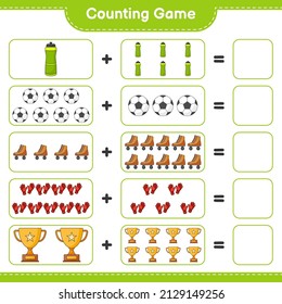Count and match, count the number of Water Bottle, Trophy, Soccer Ball, Goalkeeper Gloves, Roller Skate and match with the right numbers. Educational children game