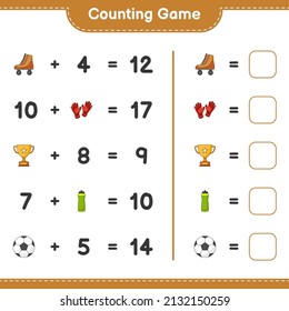 Count and match, count the number of Water Bottle, Trophy, Soccer Ball, Goalkeeper Gloves, Roller Skate and match with the right numbers. Educational children game, printable worksheet