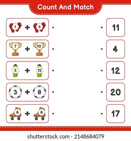 Count and match, count the number of Water Bottle, Trophy, Ball, Gloves, Roller Skate and match with the right numbers. Educational children game, printable worksheet, vector illustration