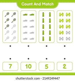 Count and match, count the number of Water Bottle, Tennis Racket, Soccer Shoes, Dumbbell and match with the right numbers. Educational children game, printable worksheet, vector illustration