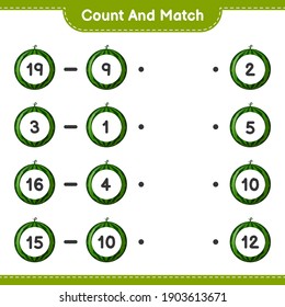 Count and match, count the number of Watermelon and match with right numbers. Educational children game, printable worksheet, vector illustration