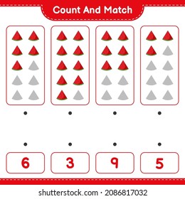 Count and match, count the number of Watermelon and match with the right numbers. Educational children game, printable worksheet, vector illustration