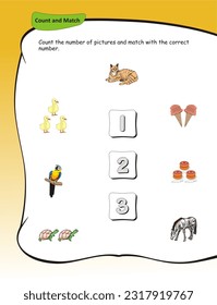 Count and match number worksheet for preschoolers. counting 1 to 3, Numbers learning activity.  Counting and writing numbers, Numbers tracing worksheet, mathematics
