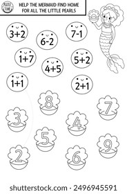 Count and match the numbers black and white mermaid game with sea princess, pearls, seashells. Ocean kingdom math activity for kids. Marine educational counting worksheet, coloring page