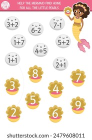 Count and match the numbers mermaid game with sea princess, pearls, seashells. Fairytale ocean kingdom math activity for kids. Marine educational counting worksheet. Find the right shell
