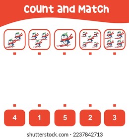 Contar y hacer coincidir el pingüino con el número. Matemáticas de hojas de cálculo imprimibles para niños. Esta hoja de trabajo es adecuada para educar a los niños de corta edad sobre cómo contar bien. Archivo de ilustración vectorial de Kawaii