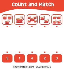 Count and match the Santa Claus bathing in the cacao drink. Printable worksheet math for kids. This worksheet is suitable for educating the early age children on how to count well. 