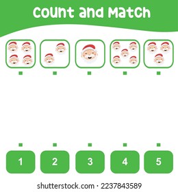 Count and match the Santa with the number. Printable worksheet math for kids. This worksheet is suitable for educating the early age children on how to count well. Kawaii vector illustration file. 