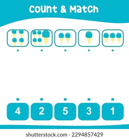Count and match these mint ice cream cones together worksheet for kids. Educational printable math worksheet. Math game for children. Vector illustration file.