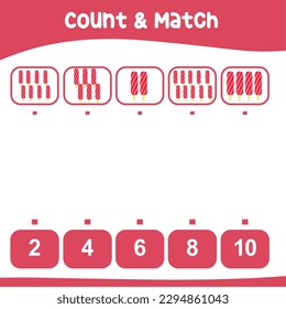 Cuente y empareje esta hoja de cálculo de helados de fresa para niños. Hoja de cálculo de matemáticas imprimibles educacionales. Juego de matemáticas para niños. Archivo de ilustración del vector.