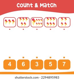 Count and match these triple ice cream cones together worksheet for kids. Educational printable math worksheet. Math game for children. Vector illustration file.