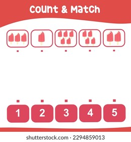 Count and match these vanilla and strawberry ice cream together worksheet for kids. Educational printable math worksheet. Math game for children. Vector illustration file.