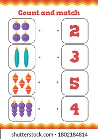 Count and match Toddler education games with christmas tree decoration. Preschool or kindergarten Christmas worksheet. Vector illustration