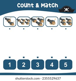 Count and match together the fire cannonball with the number. Counting game pirates theme and match with numbers. Educational printable math worksheet. Math game for children. Vector illustration file