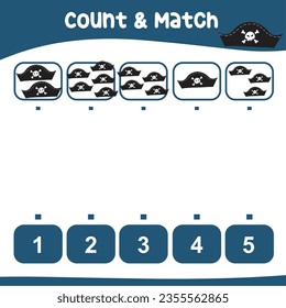 Count and match together the pirate hat. with the number. Counting game pirates theme and match with numbers. Educational printable math worksheet. Math game for children. Vector file.